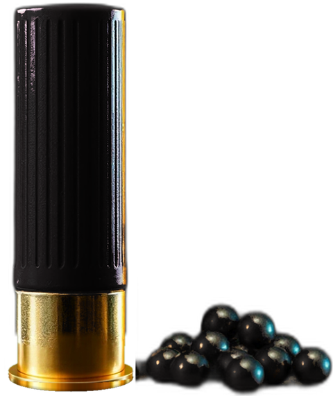 SWARMBREAKER 12-gauge counter-UAS shotshell beside its 147-pellet tungsten payload